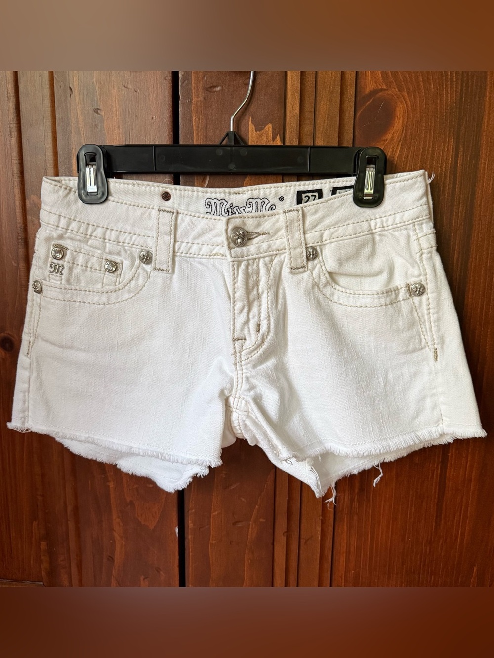 Miss Me White Denim Cutoff Shorts with Decorative Pockets - Size 27
